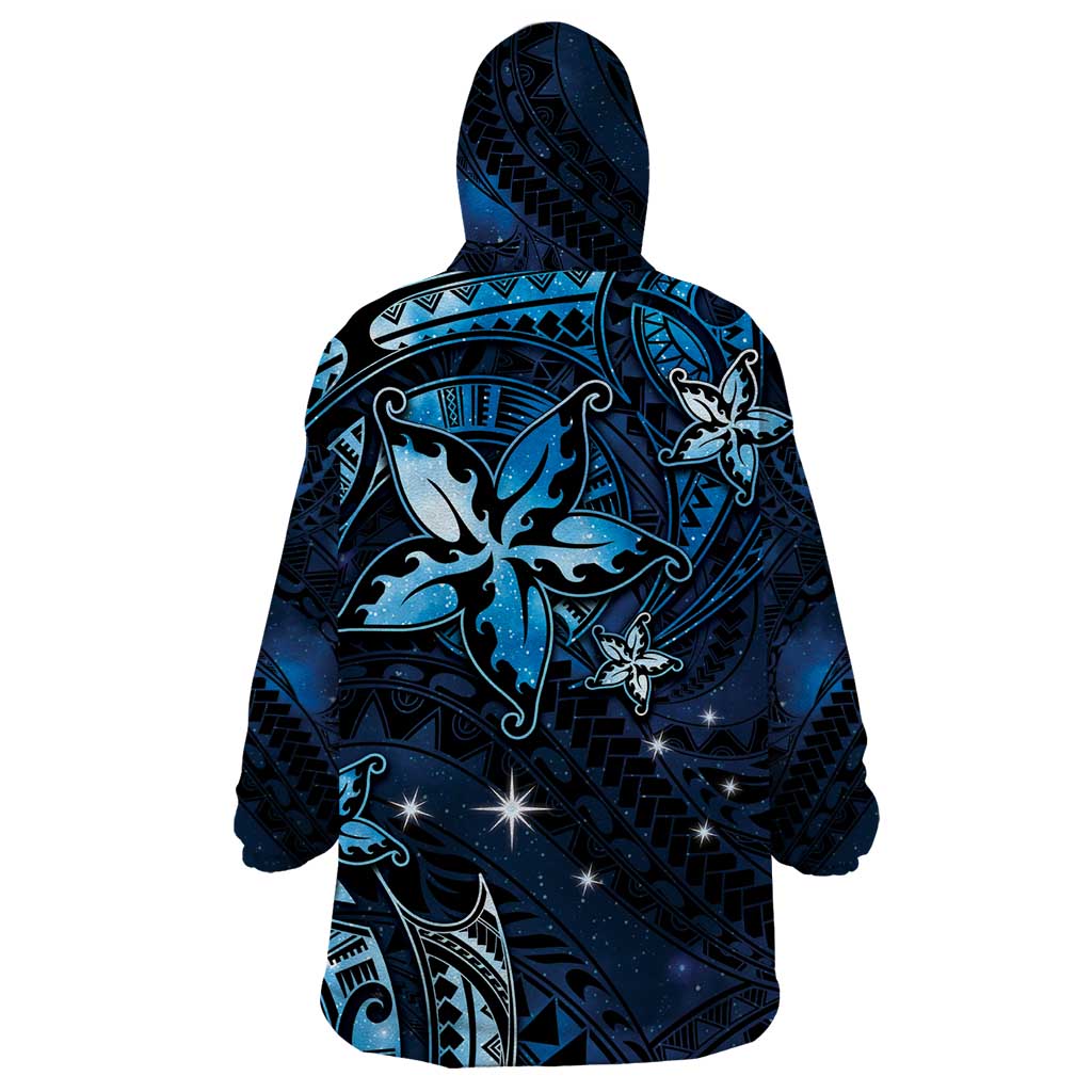 Hawaii Makahiki Season Wearable Blanket Hoodie Floral Tribal Tattoo Blue Galaxy