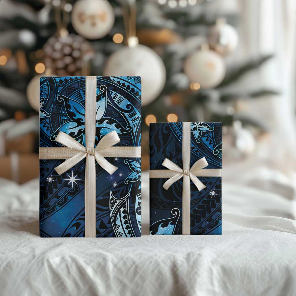 Hawaii Makahiki Season Wrapping Paper Floral Tribal Tattoo Blue Galaxy - Polynesian Pride