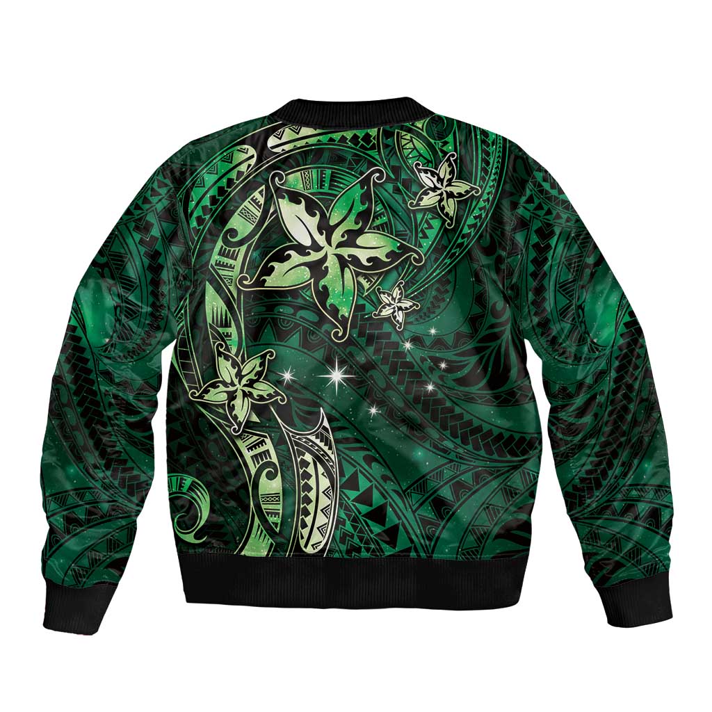Hawaii Makahiki Season Bomber Jacket Floral Tribal Tattoo Green Galaxy