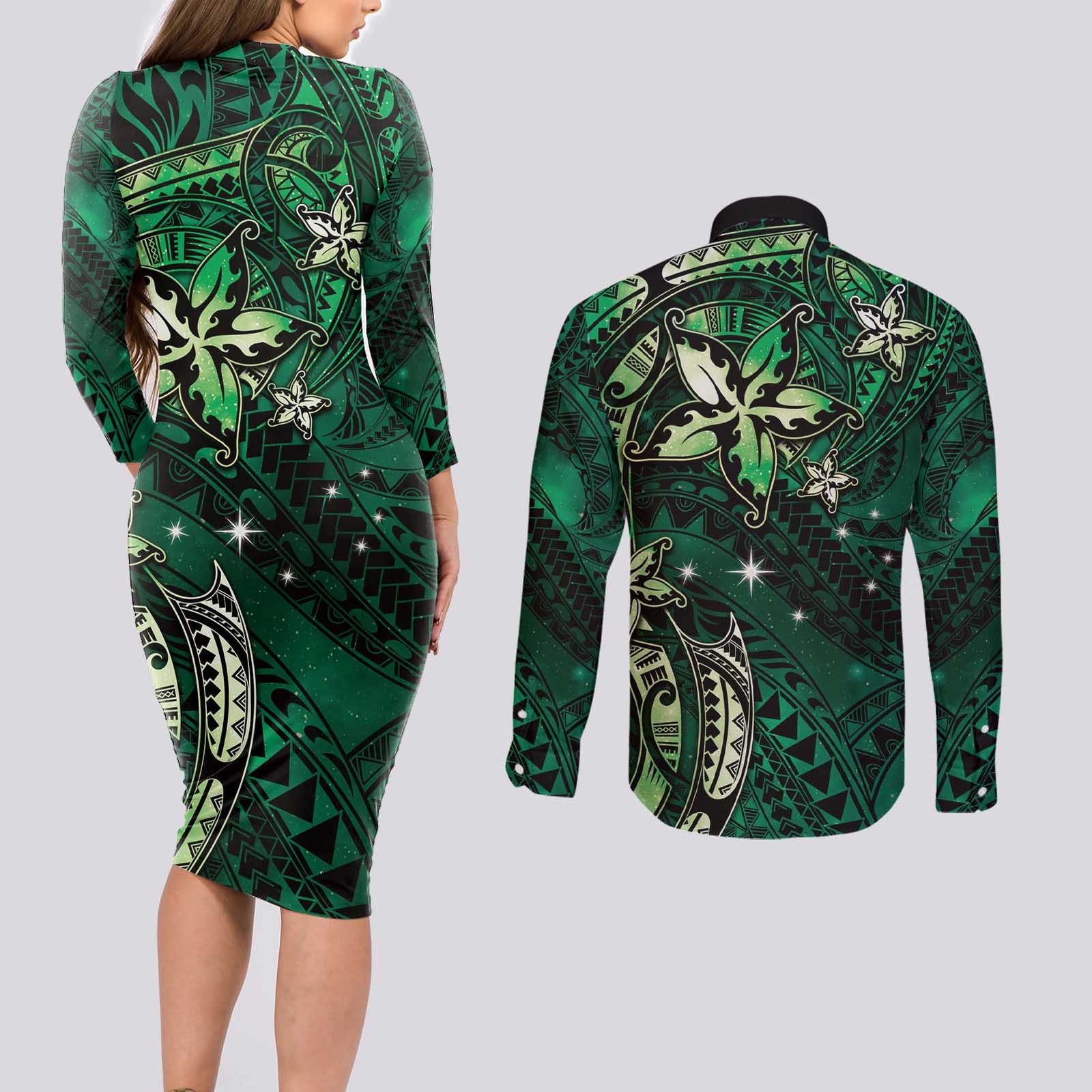 Hawaii Makahiki Season Couples Matching Long Sleeve Bodycon Dress and Long Sleeve Button Shirt Floral Tribal Tattoo Green Galaxy