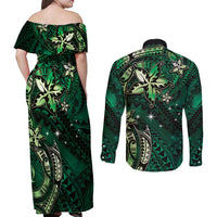 Hawaii Makahiki Season Couples Matching Off Shoulder Maxi Dress and Long Sleeve Button Shirt Floral Tribal Tattoo Green Galaxy