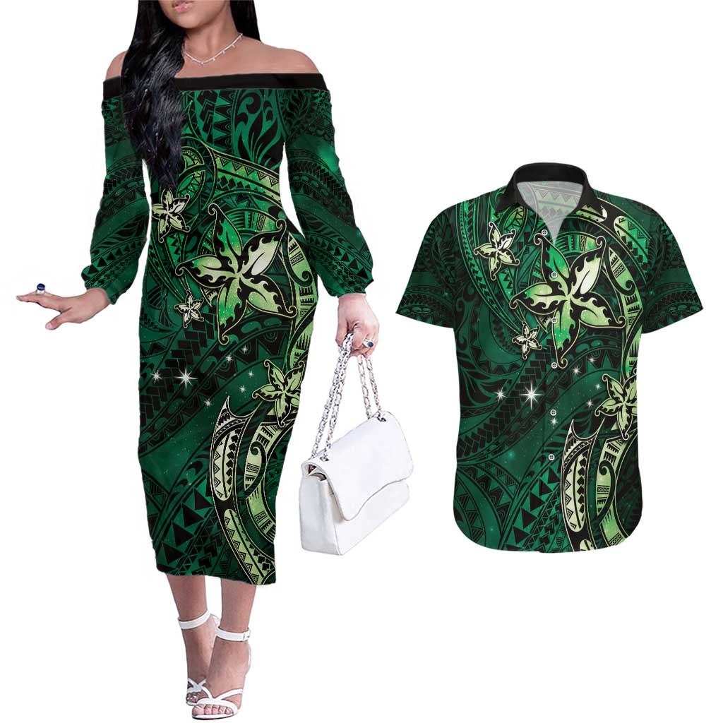 Hawaii Makahiki Season Couples Matching Off The Shoulder Long Sleeve Dress and Hawaiian Shirt Floral Tribal Tattoo Green Galaxy