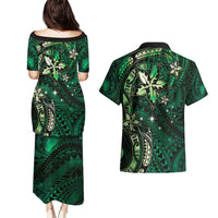 Hawaii Makahiki Season Couples Matching Puletasi and Hawaiian Shirt Floral Tribal Tattoo Green Galaxy