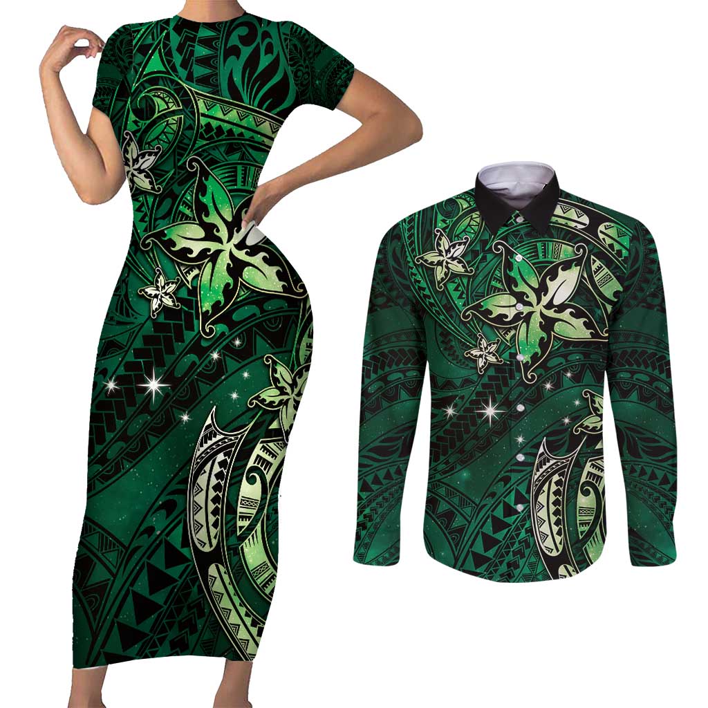 Hawaii Makahiki Season Couples Matching Short Sleeve Bodycon Dress and Long Sleeve Button Shirt Floral Tribal Tattoo Green Galaxy
