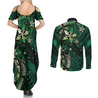 Hawaii Makahiki Season Couples Matching Summer Maxi Dress and Long Sleeve Button Shirt Floral Tribal Tattoo Green Galaxy
