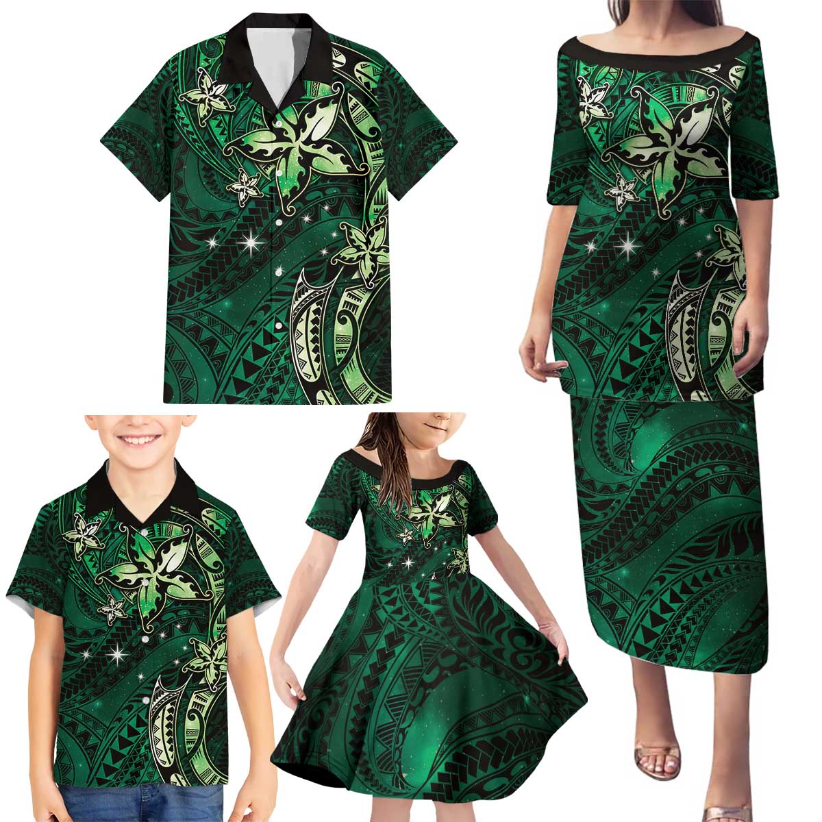 Hawaii Makahiki Season Family Matching Puletasi and Hawaiian Shirt Floral Tribal Tattoo Green Galaxy