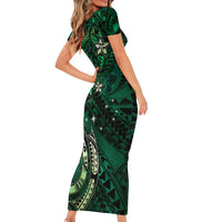 Hawaii Makahiki Season Family Matching Short Sleeve Bodycon Dress and Hawaiian Shirt Floral Tribal Tattoo Green Galaxy