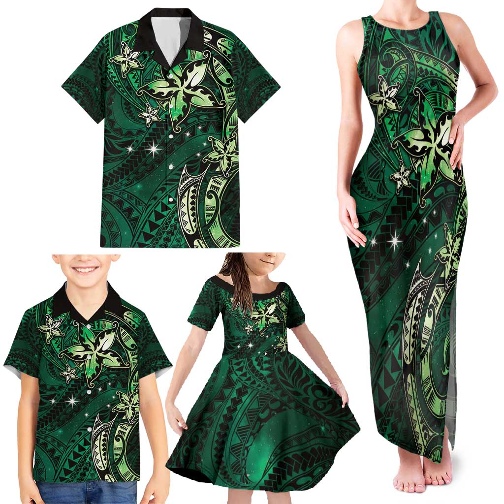Hawaii Makahiki Season Family Matching Tank Maxi Dress and Hawaiian Shirt Floral Tribal Tattoo Green Galaxy