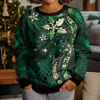 Hawaii Makahiki Season Kid Ugly Christmas Sweater Floral Tribal Tattoo Green Galaxy