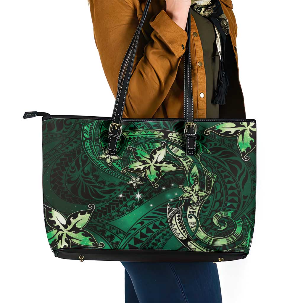Hawaii Makahiki Season Leather Tote Bag Floral Tribal Tattoo Green Galaxy