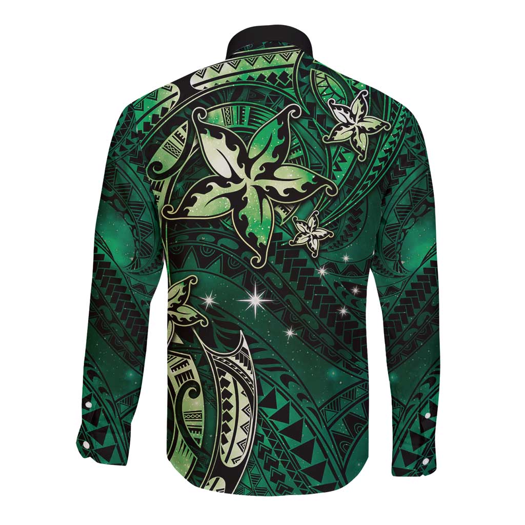 Hawaii Makahiki Season Long Sleeve Button Shirt Floral Tribal Tattoo Green Galaxy
