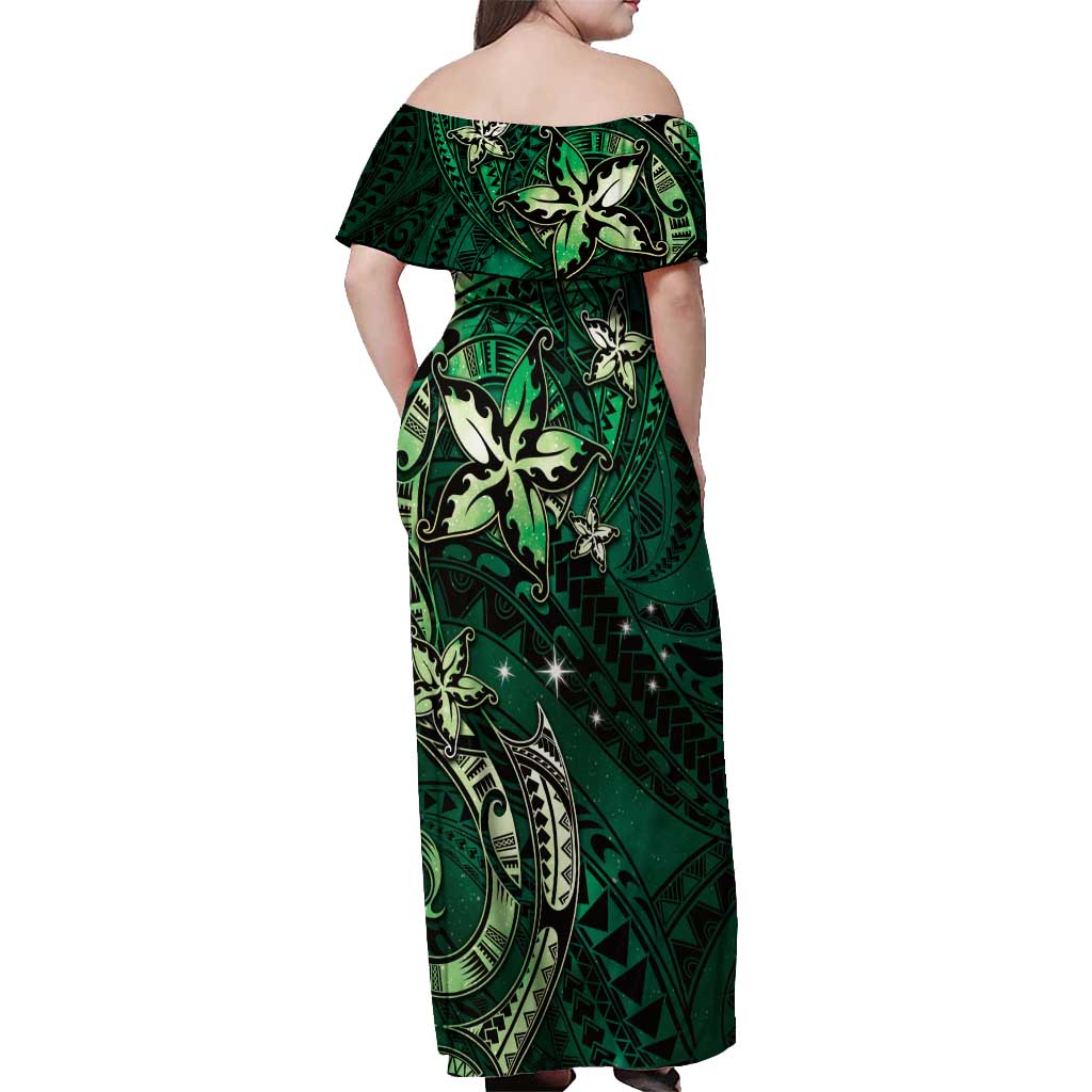 Hawaii Makahiki Season Off Shoulder Maxi Dress Floral Tribal Tattoo Green Galaxy