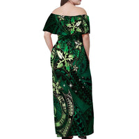 Hawaii Makahiki Season Off Shoulder Maxi Dress Floral Tribal Tattoo Green Galaxy