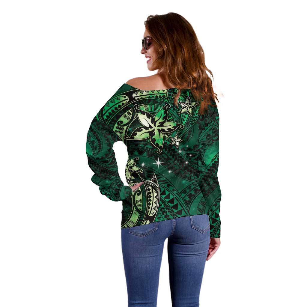 Hawaii Makahiki Season Off Shoulder Sweater Floral Tribal Tattoo Green Galaxy