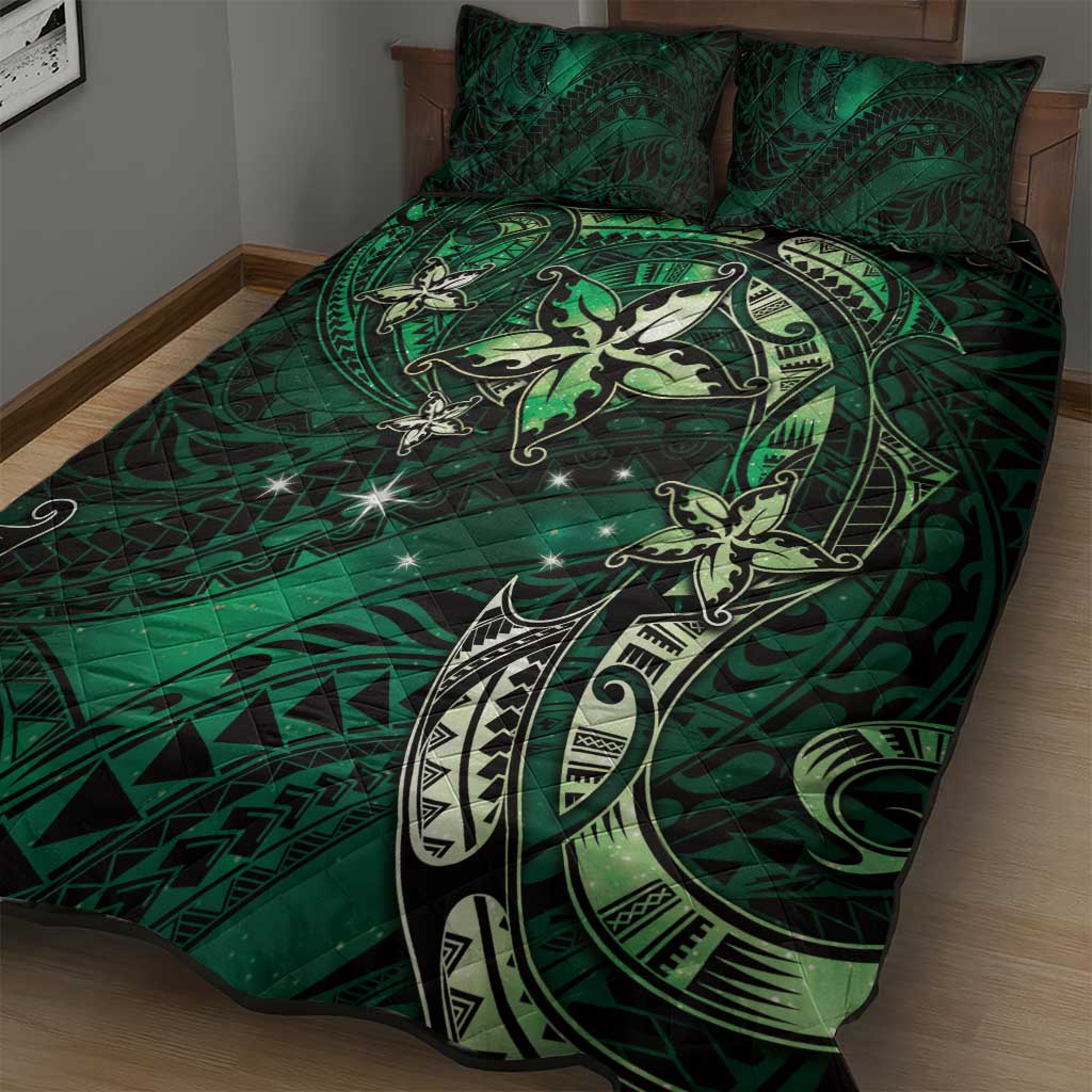 Hawaii Makahiki Season Quilt Bed Set Floral Tribal Tattoo Green Galaxy