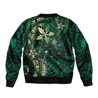 Hawaii Makahiki Season Sleeve Zip Bomber Jacket Floral Tribal Tattoo Green Galaxy