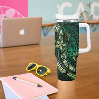 Hawaii Makahiki Season Tumbler With Handle Floral Tribal Tattoo Green Galaxy