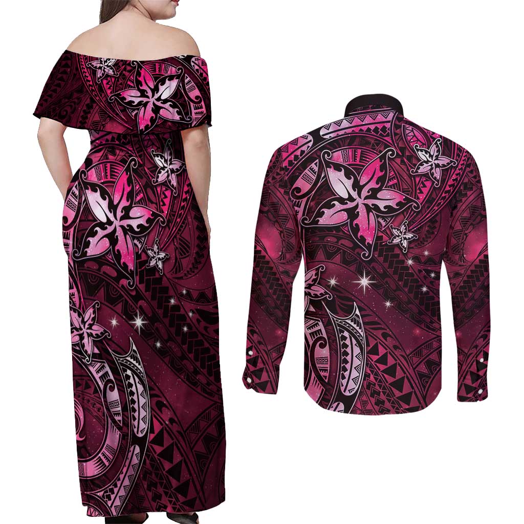 Hawaii Makahiki Season Couples Matching Off Shoulder Maxi Dress and Long Sleeve Button Shirt Floral Tribal Tattoo Pink Galaxy