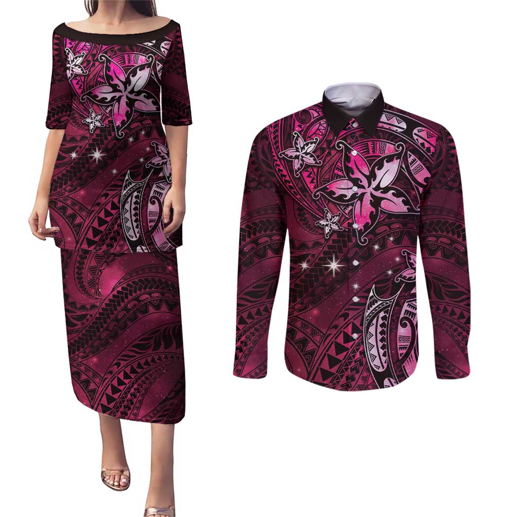 Hawaii Makahiki Season Couples Matching Puletasi and Long Sleeve Button Shirt Floral Tribal Tattoo Pink Galaxy