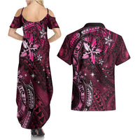 Hawaii Makahiki Season Couples Matching Summer Maxi Dress and Hawaiian Shirt Floral Tribal Tattoo Pink Galaxy