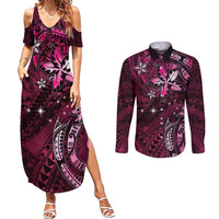 Hawaii Makahiki Season Couples Matching Summer Maxi Dress and Long Sleeve Button Shirt Floral Tribal Tattoo Pink Galaxy