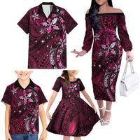 Hawaii Makahiki Season Family Matching Off The Shoulder Long Sleeve Dress and Hawaiian Shirt Floral Tribal Tattoo Pink Galaxy
