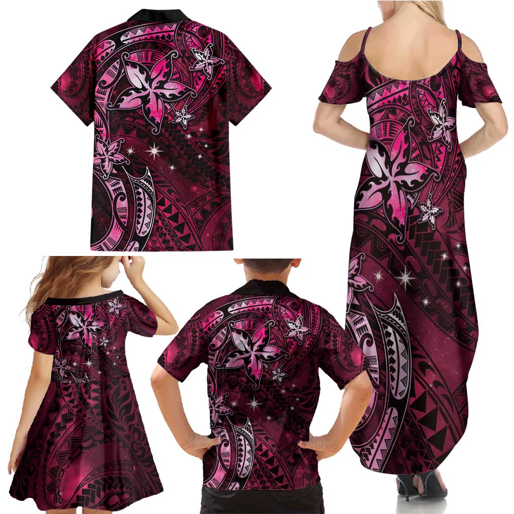 Hawaii Makahiki Season Family Matching Summer Maxi Dress and Hawaiian Shirt Floral Tribal Tattoo Pink Galaxy