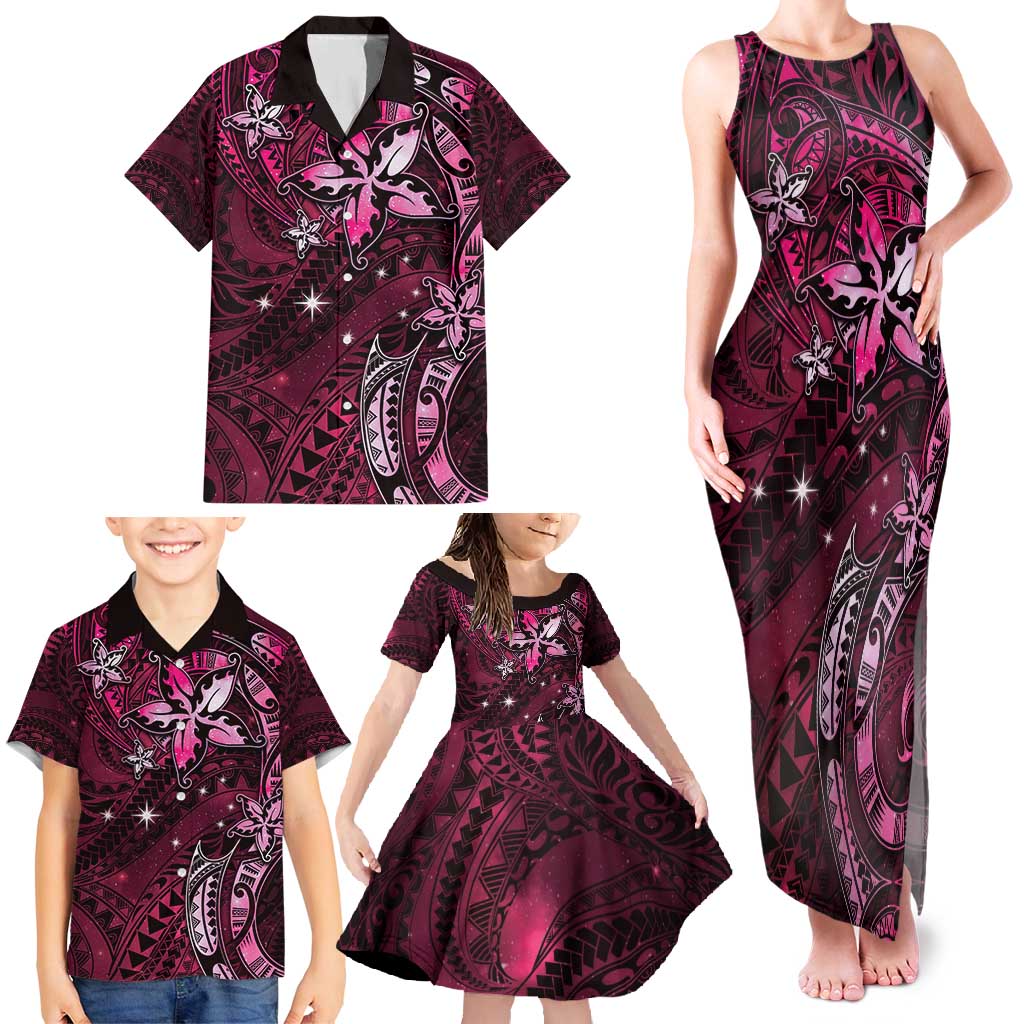 Hawaii Makahiki Season Family Matching Tank Maxi Dress and Hawaiian Shirt Floral Tribal Tattoo Pink Galaxy