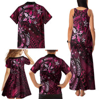 Hawaii Makahiki Season Family Matching Tank Maxi Dress and Hawaiian Shirt Floral Tribal Tattoo Pink Galaxy