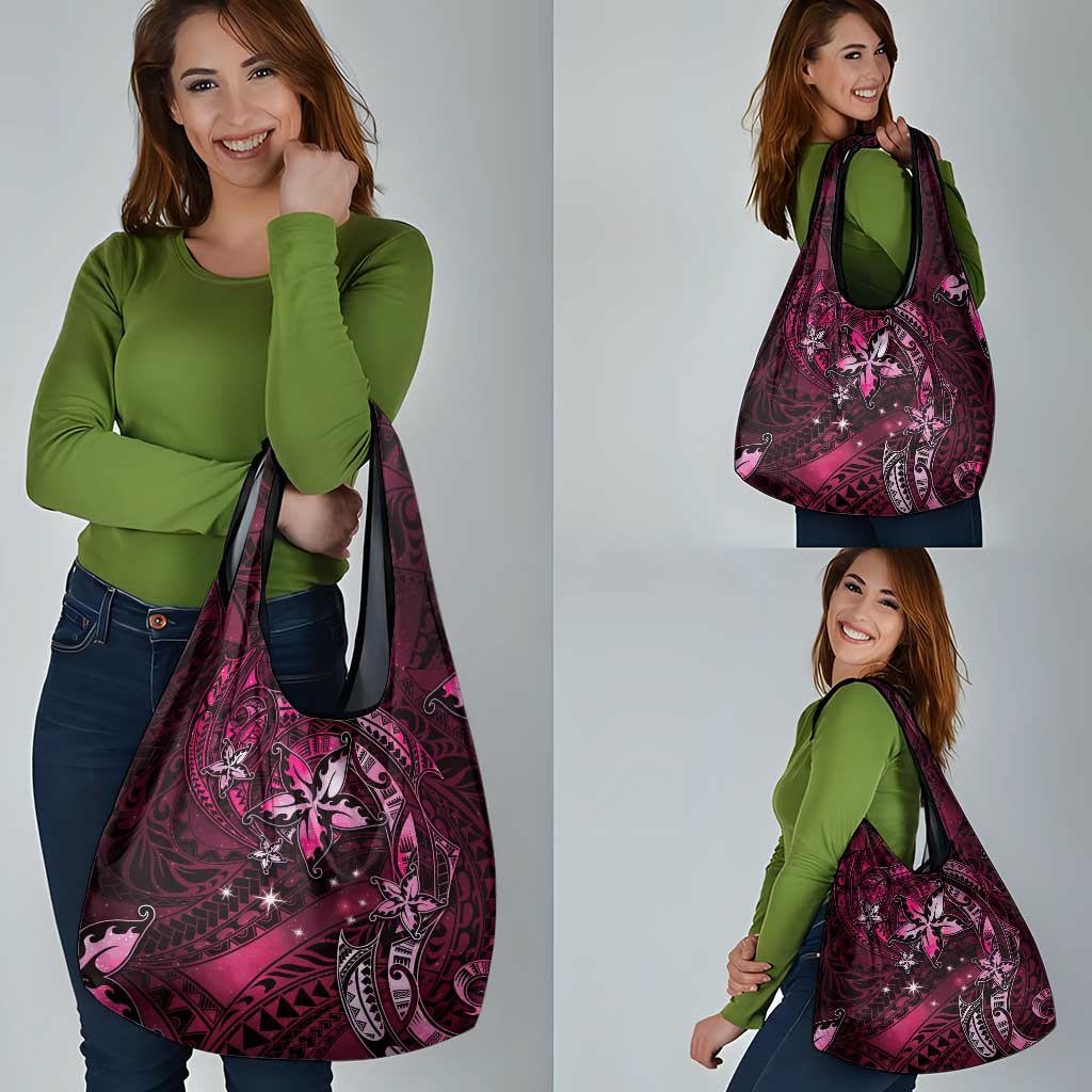 Hawaii Makahiki Season Grocery Bag Floral Tribal Tattoo Pink Galaxy