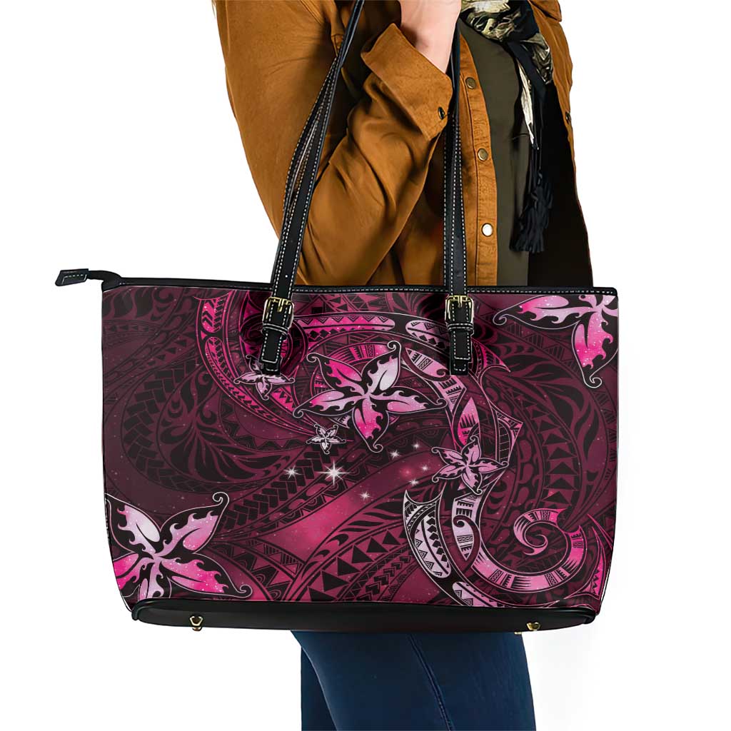 Hawaii Makahiki Season Leather Tote Bag Floral Tribal Tattoo Pink Galaxy
