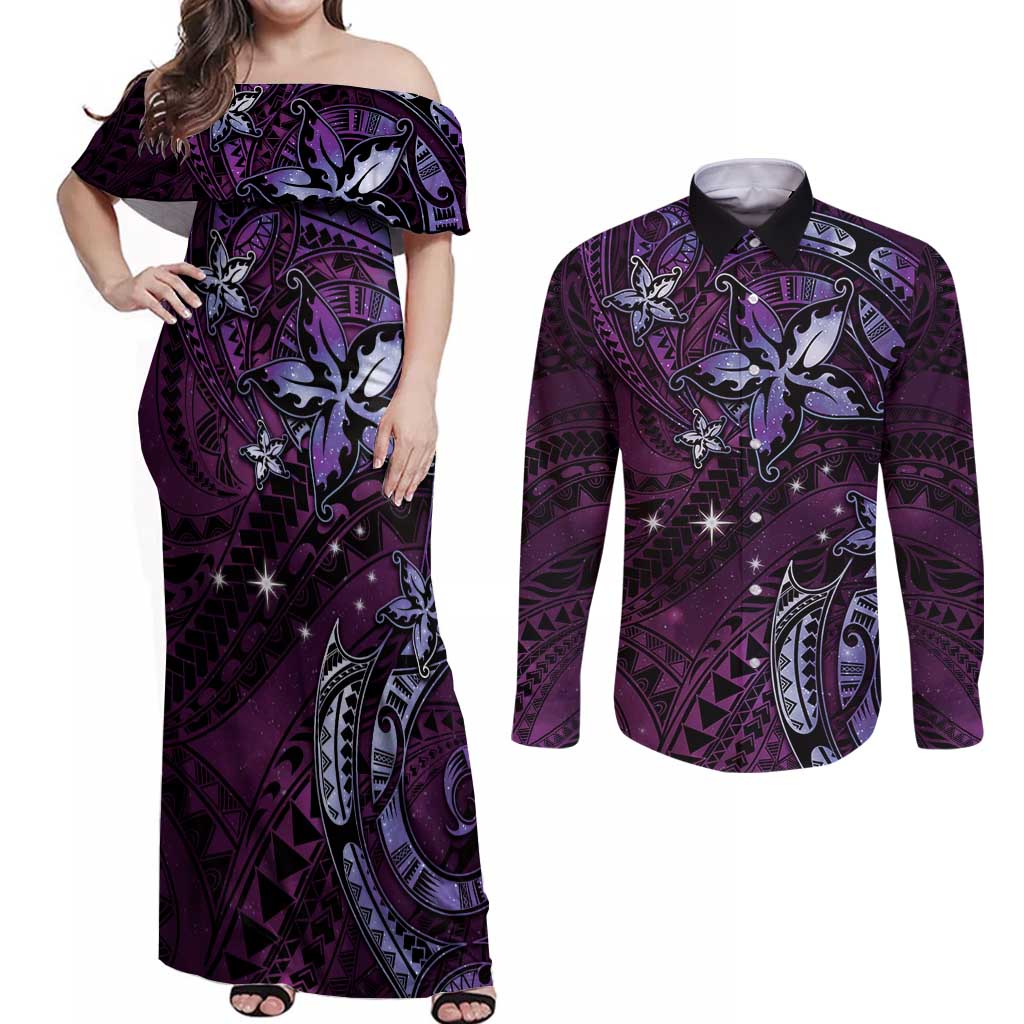 Hawaii Makahiki Season Couples Matching Off Shoulder Maxi Dress and Long Sleeve Button Shirt Floral Tribal Tattoo Purple Galaxy