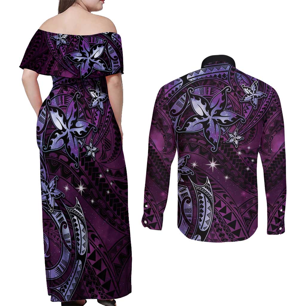 Hawaii Makahiki Season Couples Matching Off Shoulder Maxi Dress and Long Sleeve Button Shirt Floral Tribal Tattoo Purple Galaxy