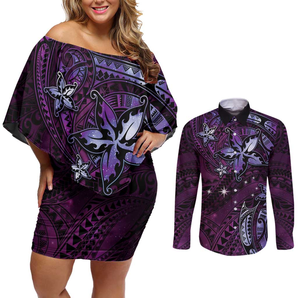 Hawaii Makahiki Season Couples Matching Off Shoulder Short Dress and Long Sleeve Button Shirt Floral Tribal Tattoo Purple Galaxy