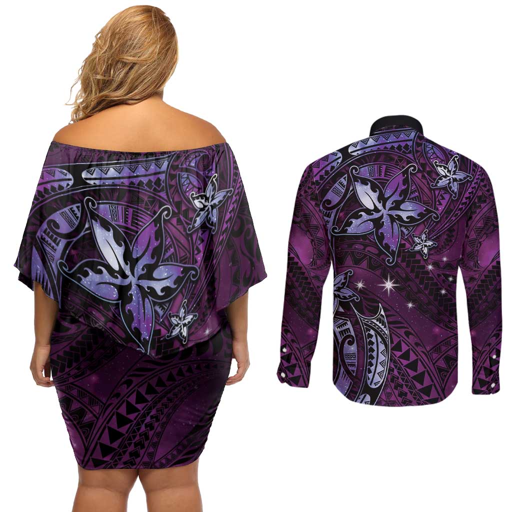 Hawaii Makahiki Season Couples Matching Off Shoulder Short Dress and Long Sleeve Button Shirt Floral Tribal Tattoo Purple Galaxy