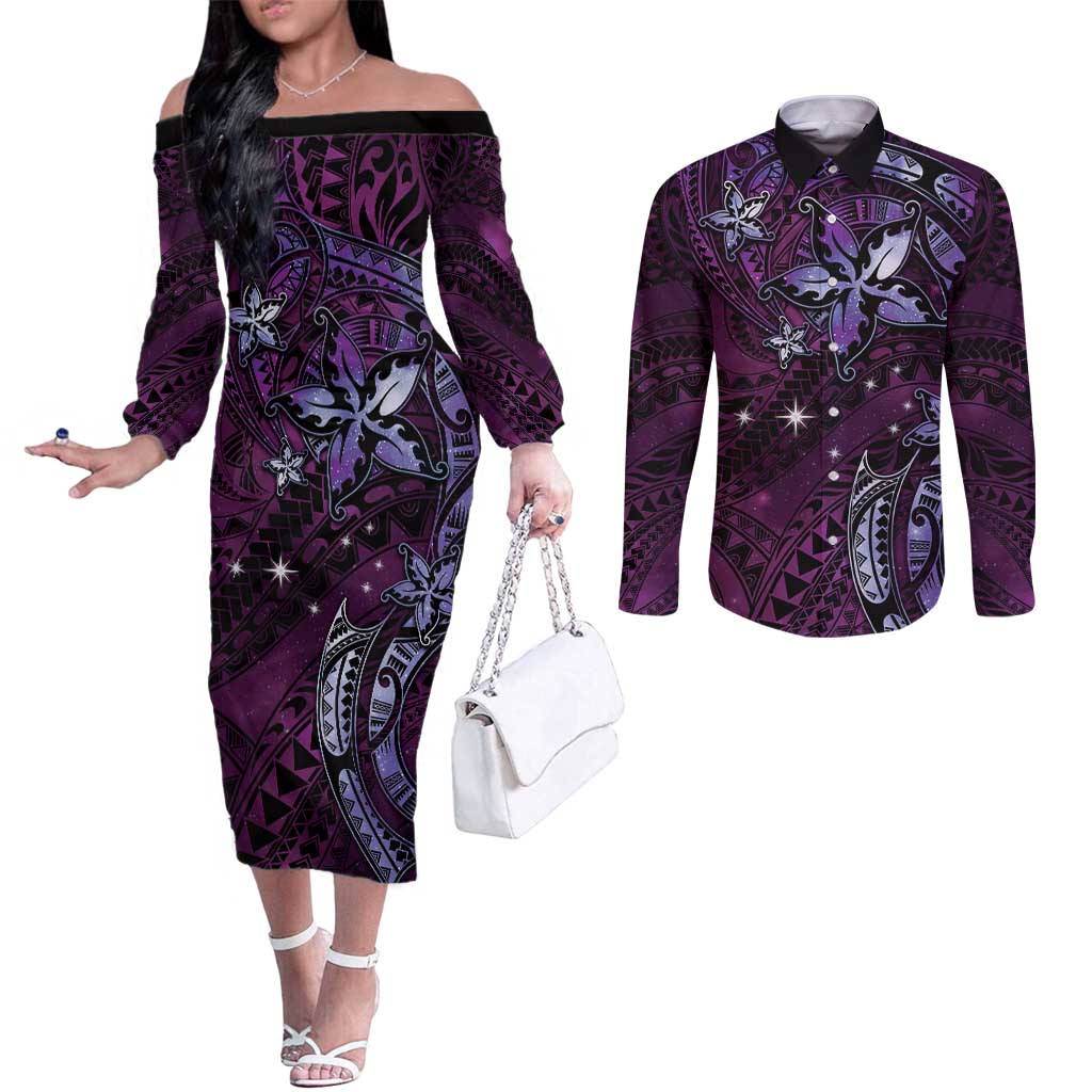 Hawaii Makahiki Season Couples Matching Off The Shoulder Long Sleeve Dress and Long Sleeve Button Shirt Floral Tribal Tattoo Purple Galaxy