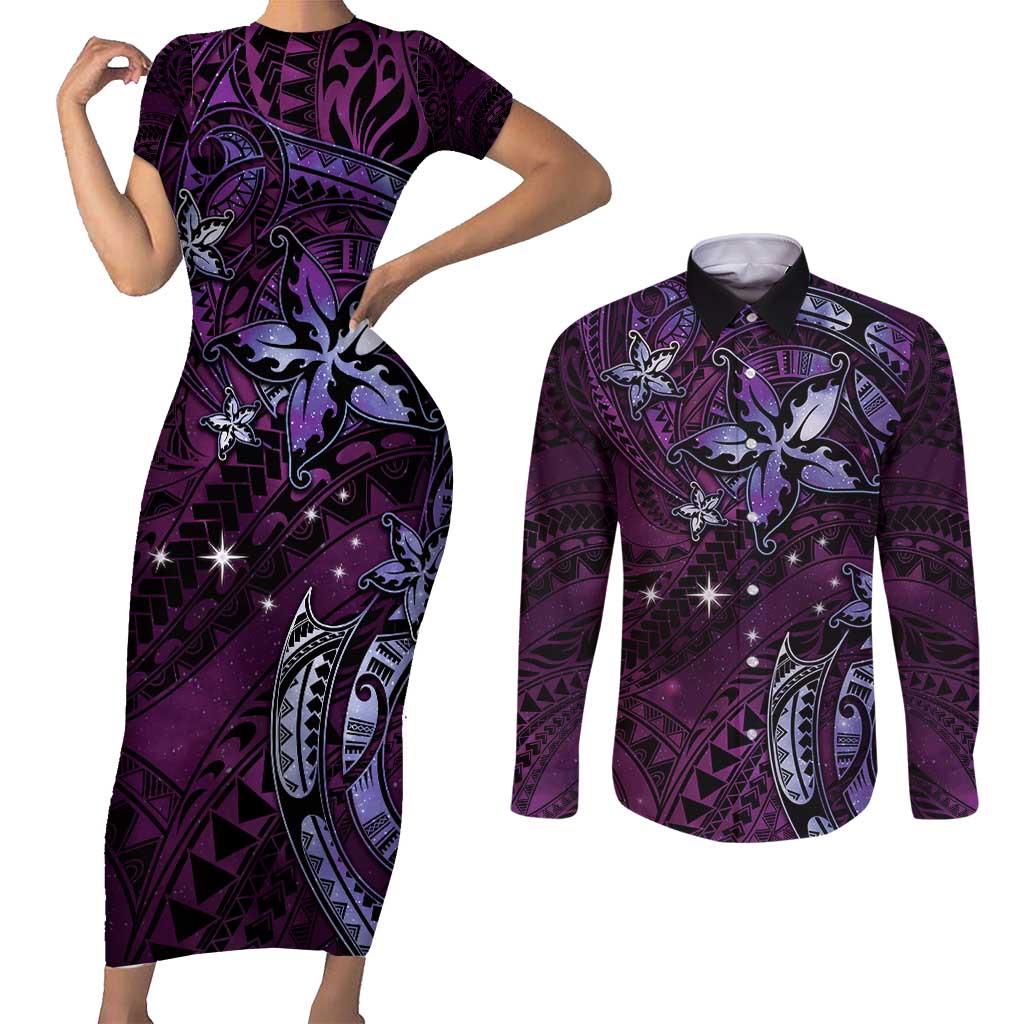 Hawaii Makahiki Season Couples Matching Short Sleeve Bodycon Dress and Long Sleeve Button Shirt Floral Tribal Tattoo Purple Galaxy