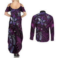 Hawaii Makahiki Season Couples Matching Summer Maxi Dress and Long Sleeve Button Shirt Floral Tribal Tattoo Purple Galaxy