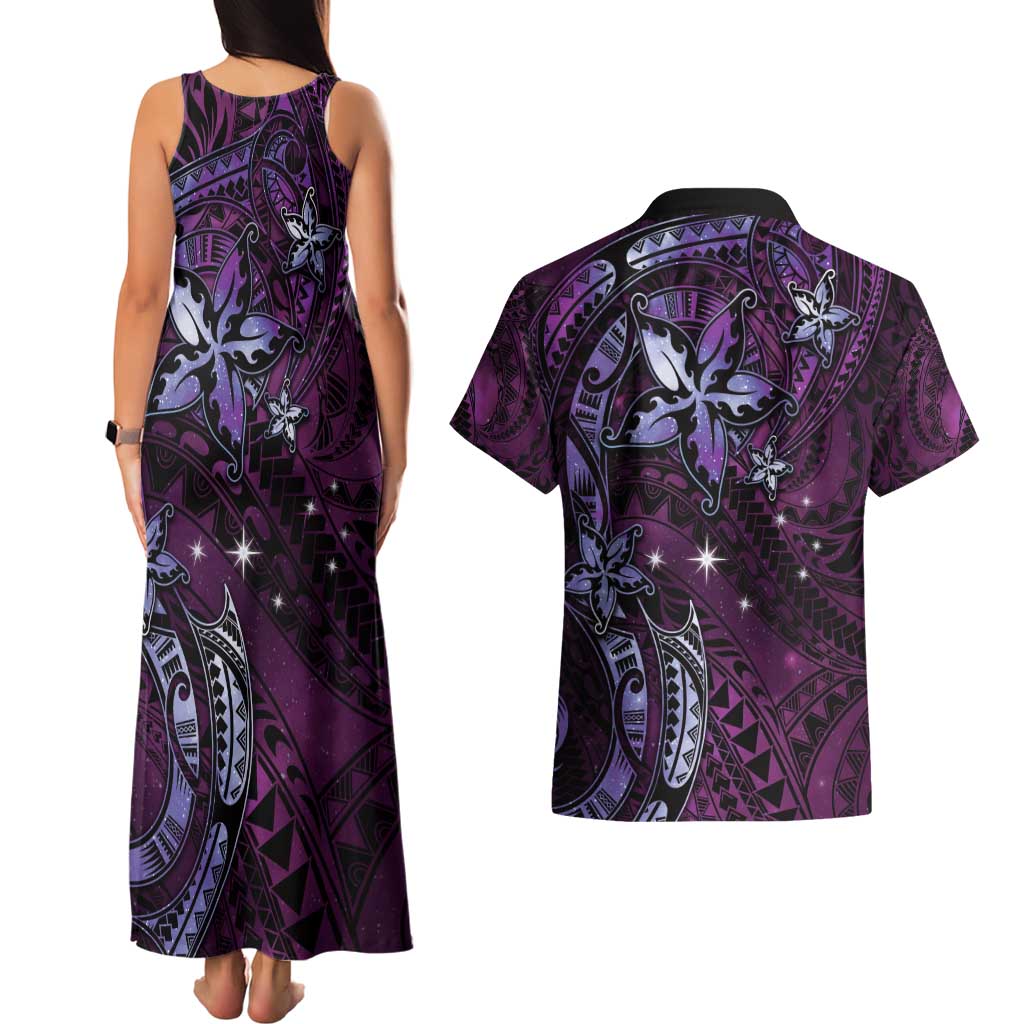 Hawaii Makahiki Season Couples Matching Tank Maxi Dress and Hawaiian Shirt Floral Tribal Tattoo Purple Galaxy