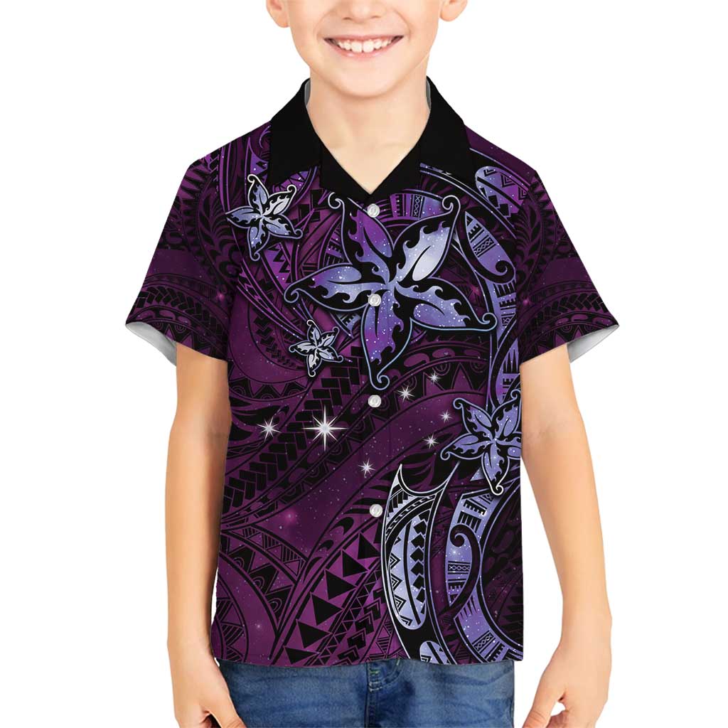 Hawaii Makahiki Season Family Matching Long Sleeve Bodycon Dress and Hawaiian Shirt Floral Tribal Tattoo Purple Galaxy