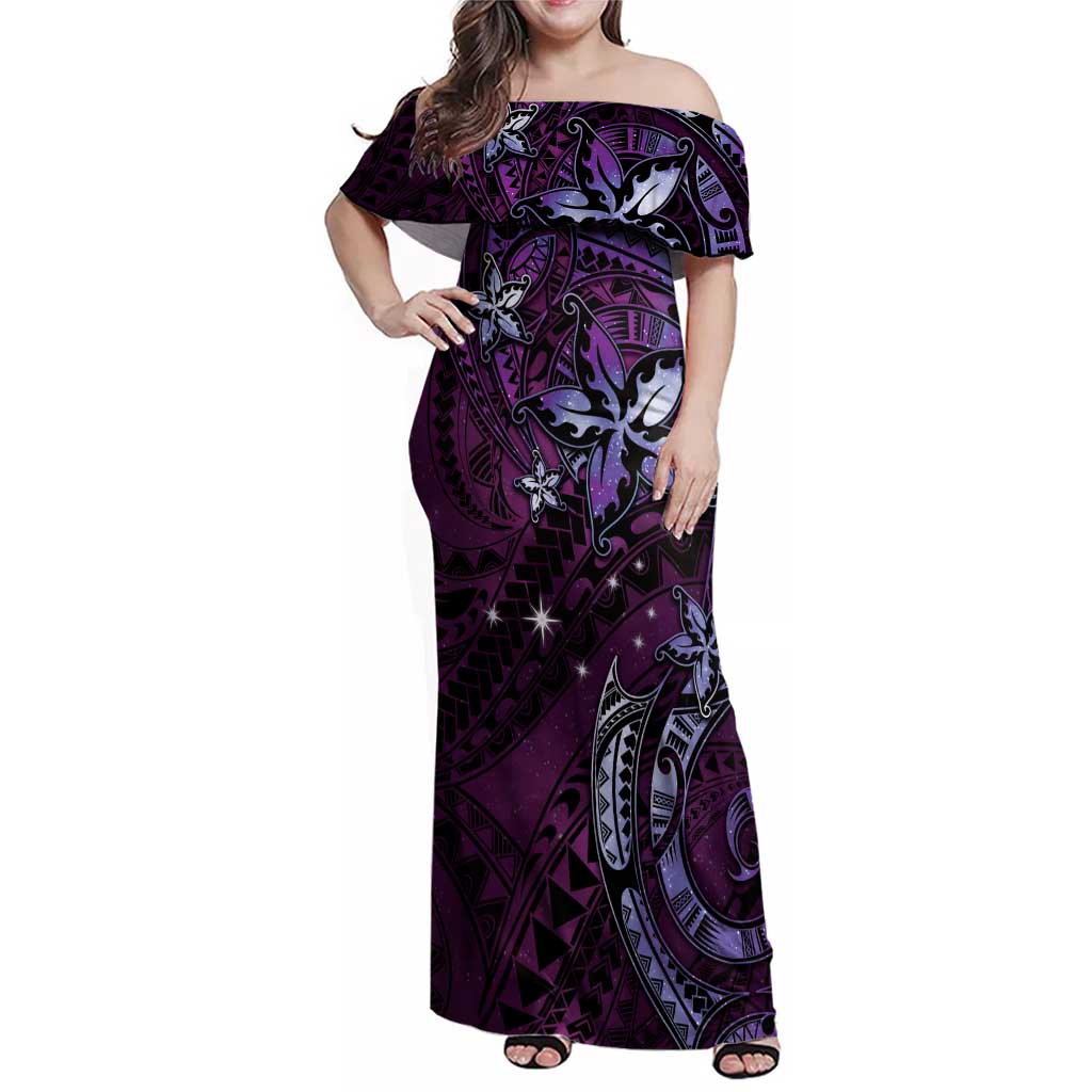 Hawaii Makahiki Season Family Matching Off Shoulder Maxi Dress and Hawaiian Shirt Floral Tribal Tattoo Purple Galaxy