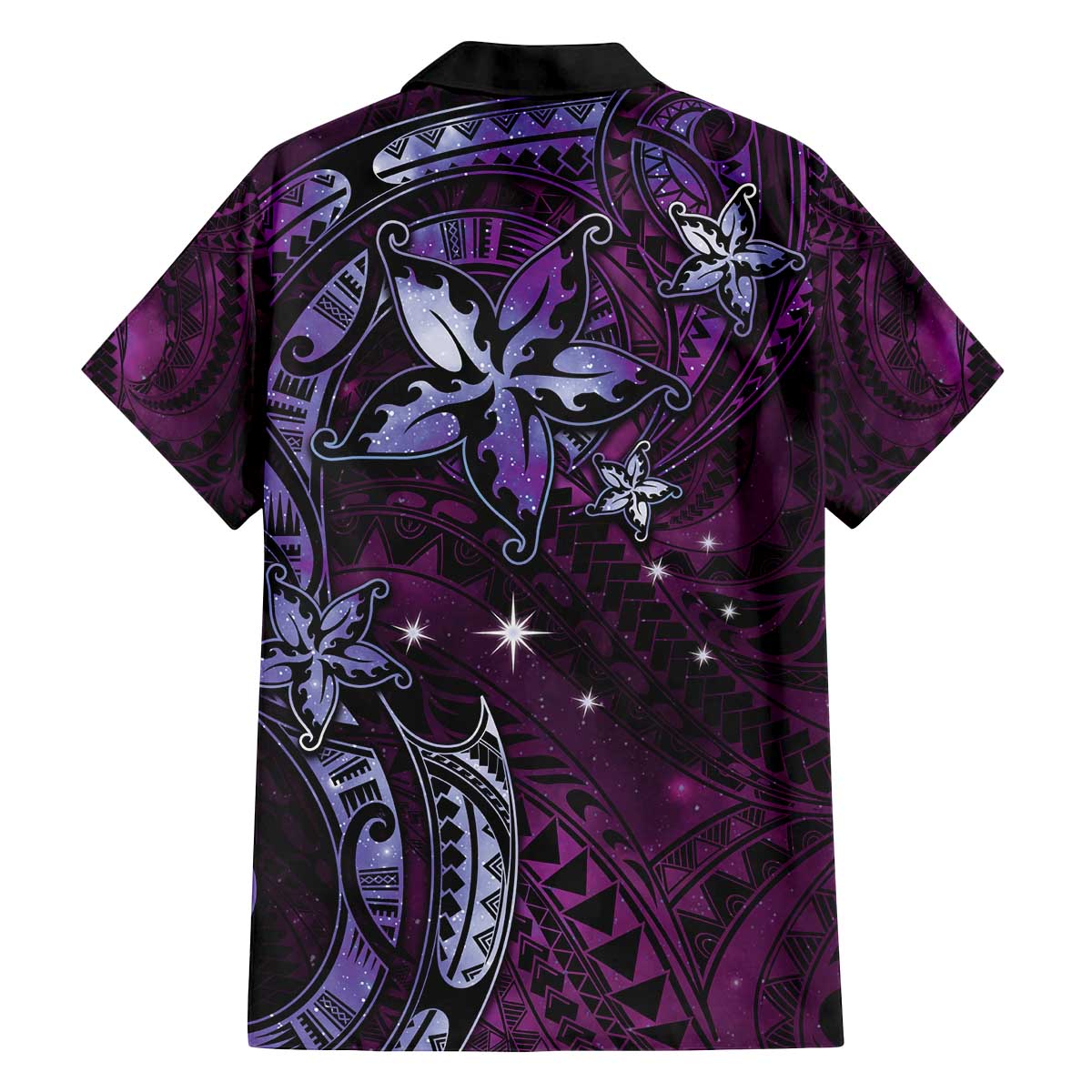 Hawaii Makahiki Season Family Matching Off Shoulder Short Dress and Hawaiian Shirt Floral Tribal Tattoo Purple Galaxy