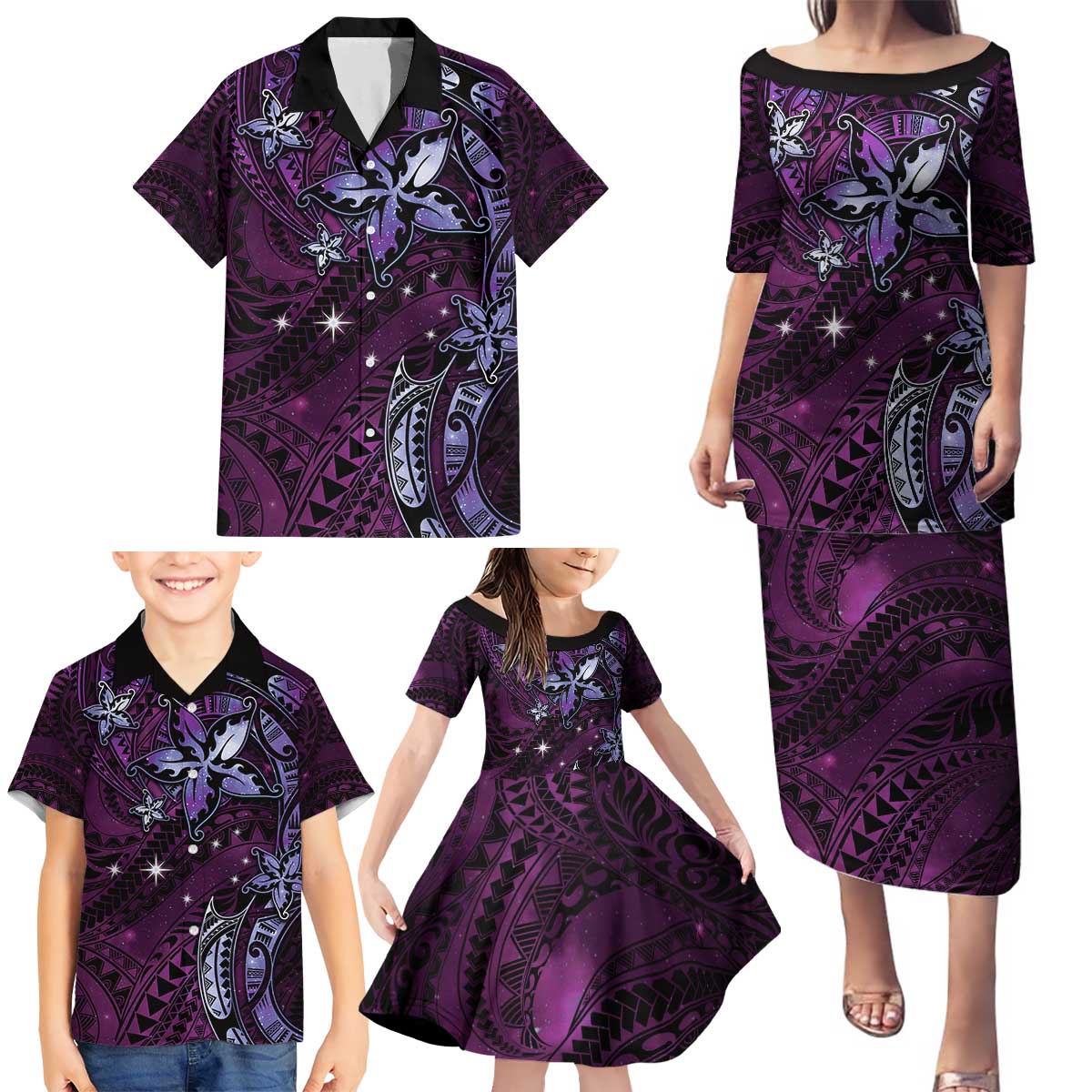 Hawaii Makahiki Season Family Matching Puletasi and Hawaiian Shirt Floral Tribal Tattoo Purple Galaxy