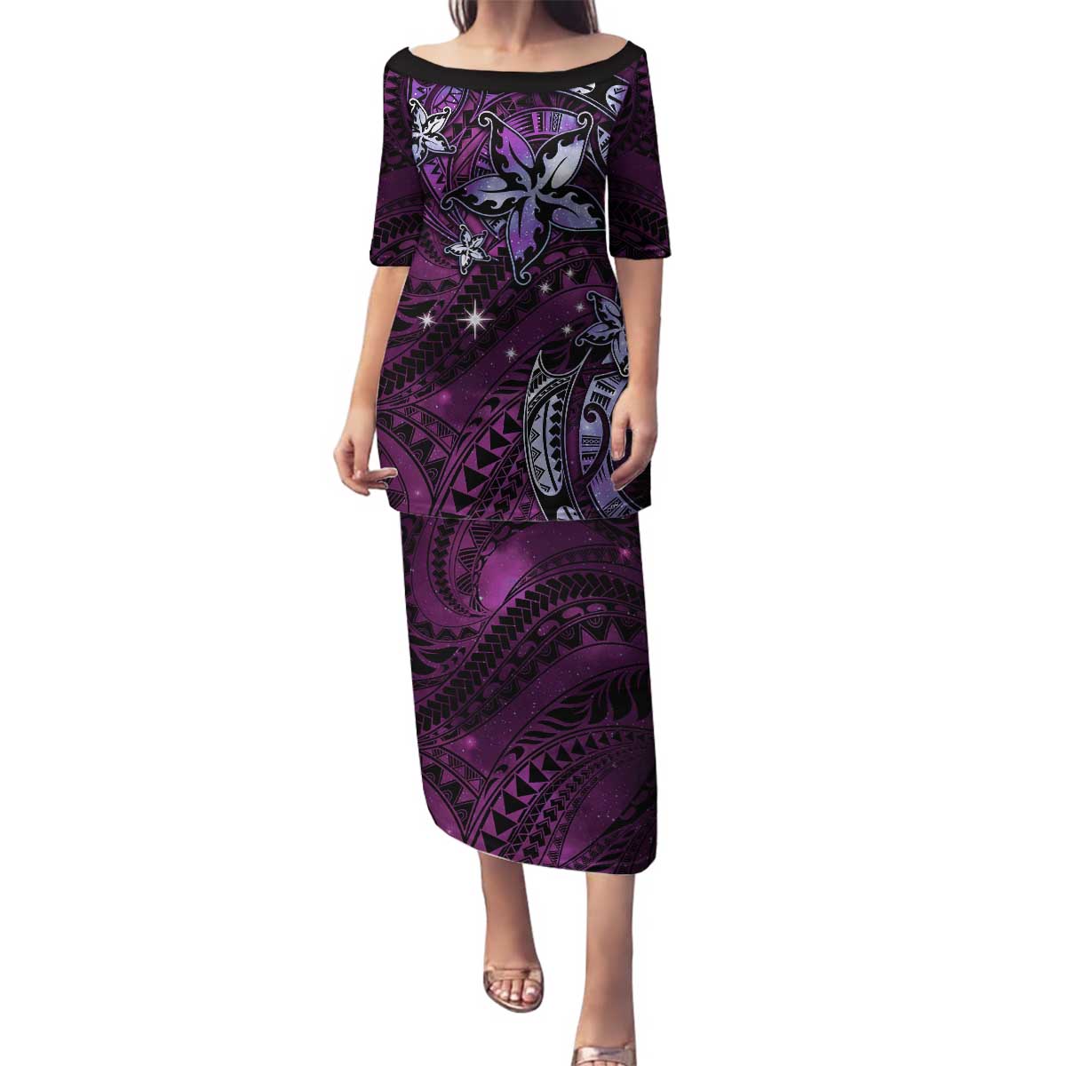 Hawaii Makahiki Season Family Matching Puletasi and Hawaiian Shirt Floral Tribal Tattoo Purple Galaxy