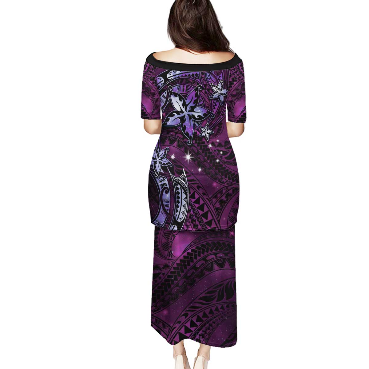 Hawaii Makahiki Season Family Matching Puletasi and Hawaiian Shirt Floral Tribal Tattoo Purple Galaxy