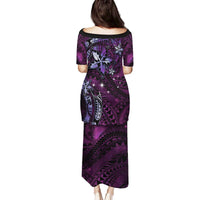 Hawaii Makahiki Season Family Matching Puletasi and Hawaiian Shirt Floral Tribal Tattoo Purple Galaxy