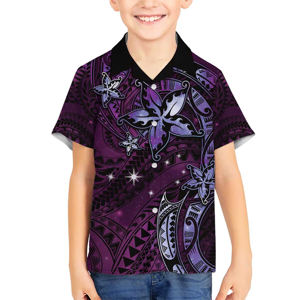 Hawaii Makahiki Season Family Matching Short Sleeve Bodycon Dress and Hawaiian Shirt Floral Tribal Tattoo Purple Galaxy