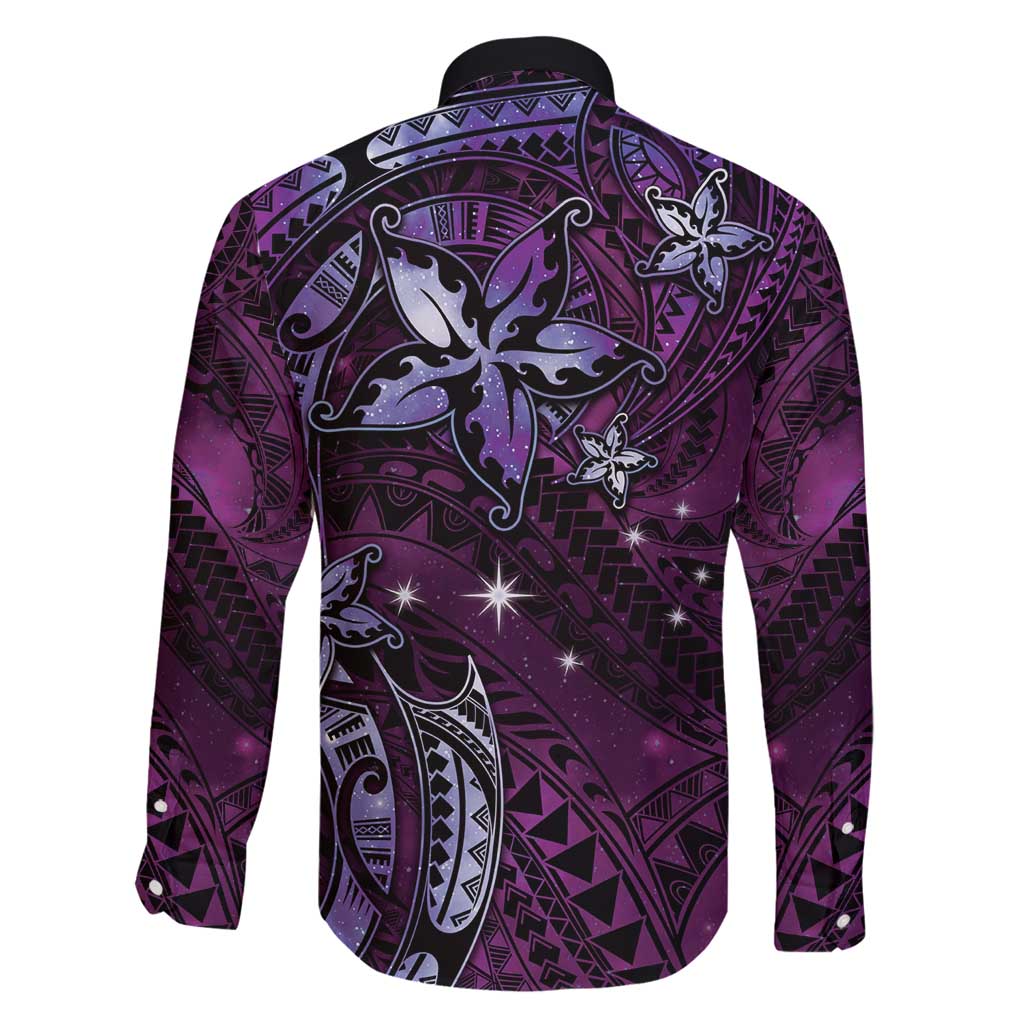 Hawaii Makahiki Season Family Matching Summer Maxi Dress and Hawaiian Shirt Floral Tribal Tattoo Purple Galaxy