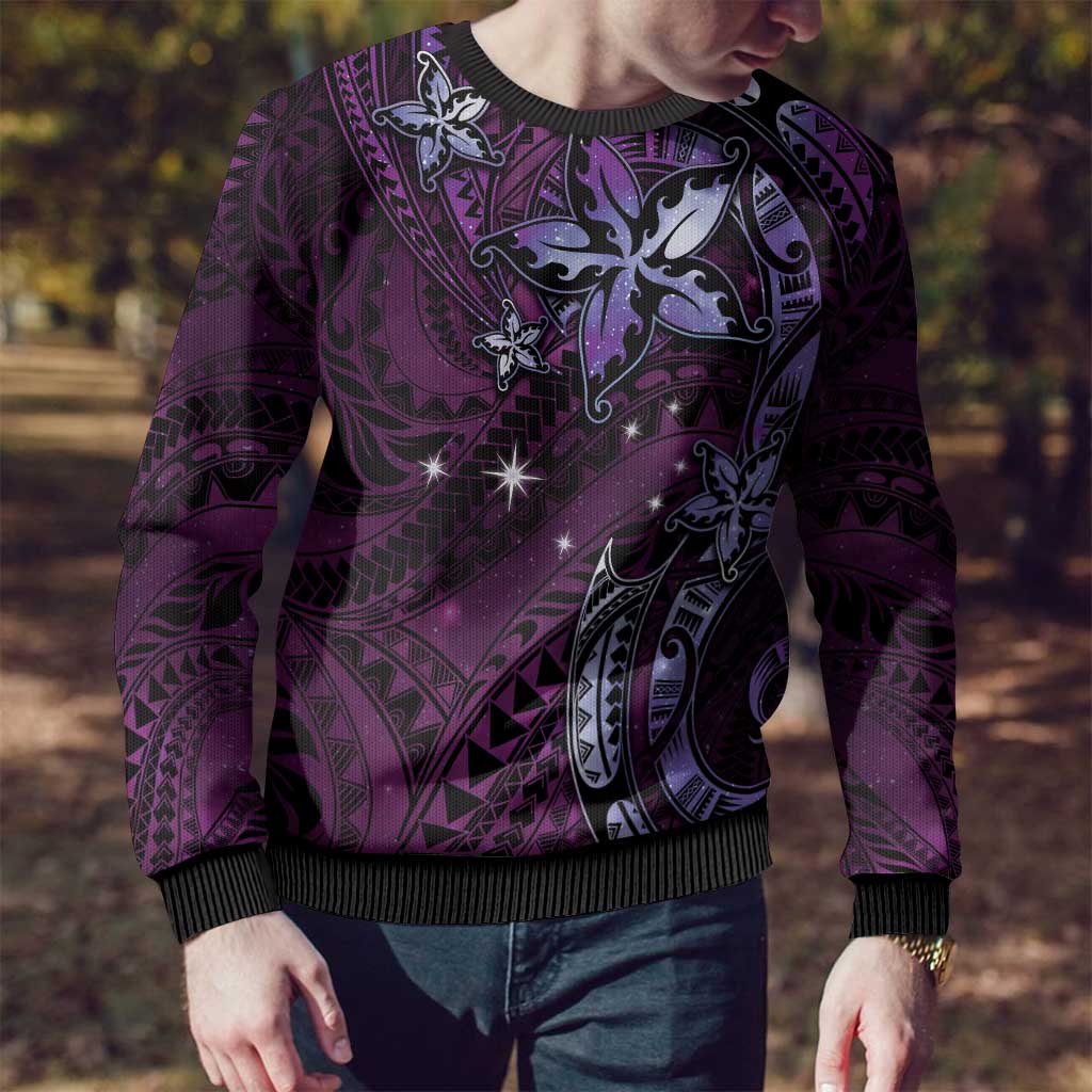 Hawaii Makahiki Season Ugly Christmas Sweater Floral Tribal Tattoo Purple Galaxy