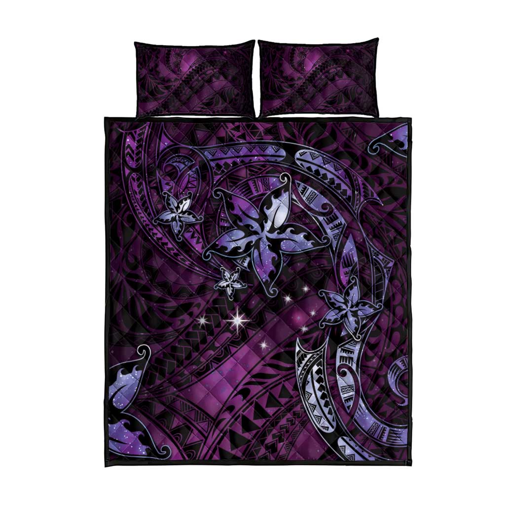 Hawaii Makahiki Season Quilt Bed Set Floral Tribal Tattoo Purple Galaxy